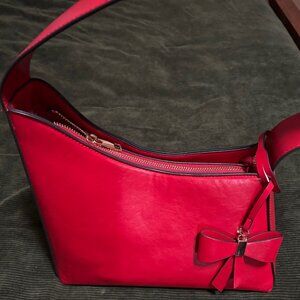 Festive CATO Bright Red Asymmetrical Faux Leather Handbag with Bow Bag Charm